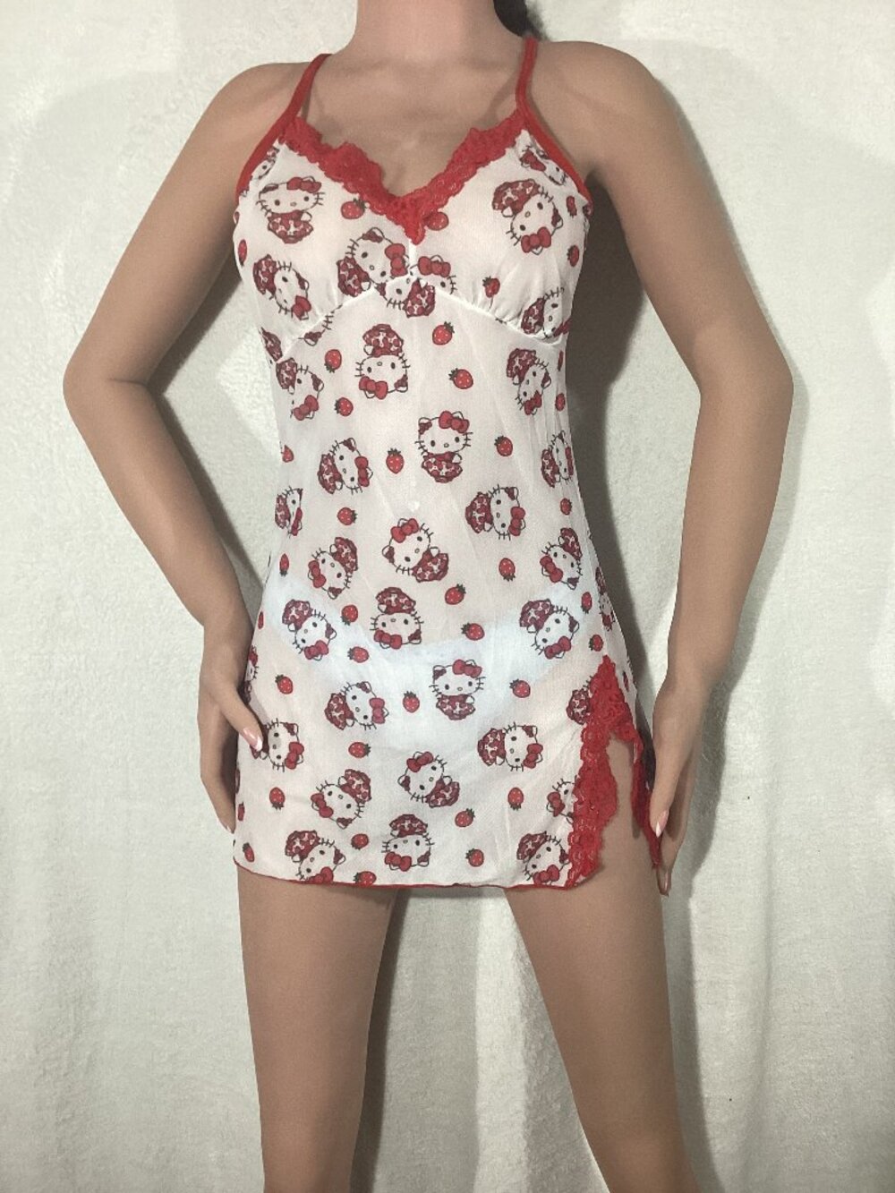 New Sheer Sanrio Hello Kitty Strawberry Lace Cami Slip Dress Lingerie XS